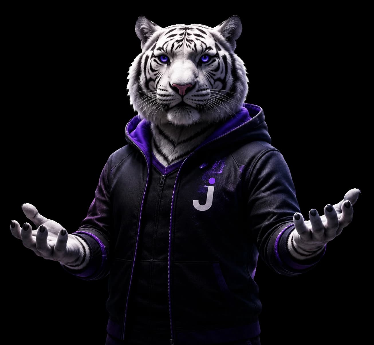 White tiger wearing a Juggle hoodie